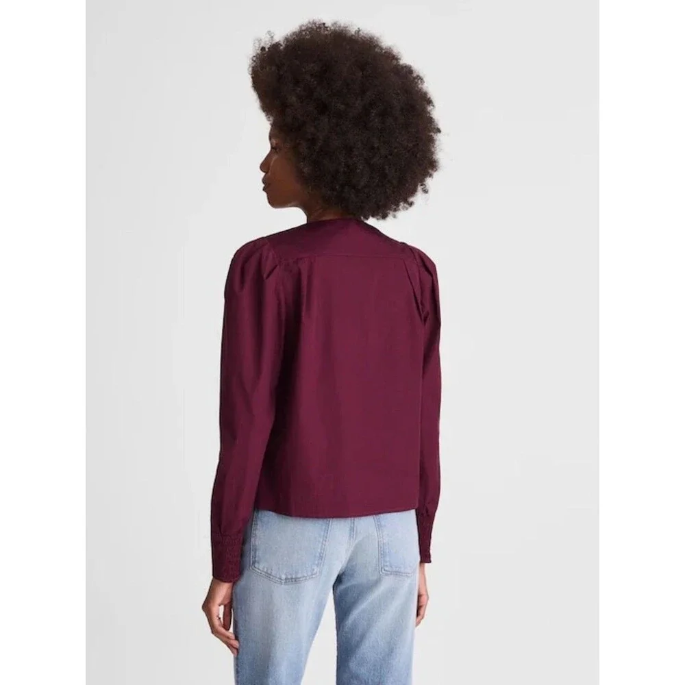 Madewell V-Neck Button-Front Top puff long sleeve burgundy Women’s Size XXS NWT